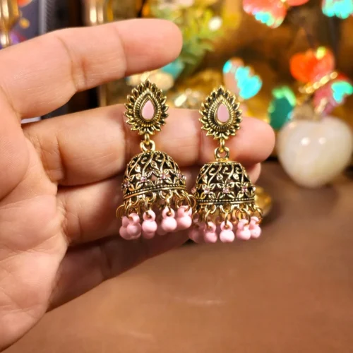 Pink Beads Floral patterns gold-plated jhumka earrings