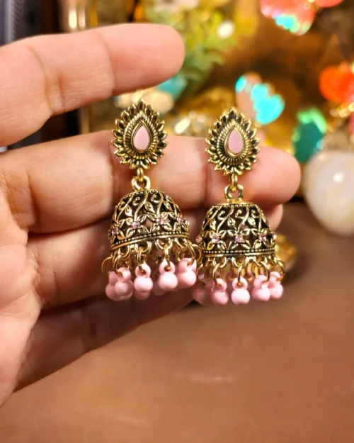 Pink Beads Floral patterns gold-plated jhumka earrings