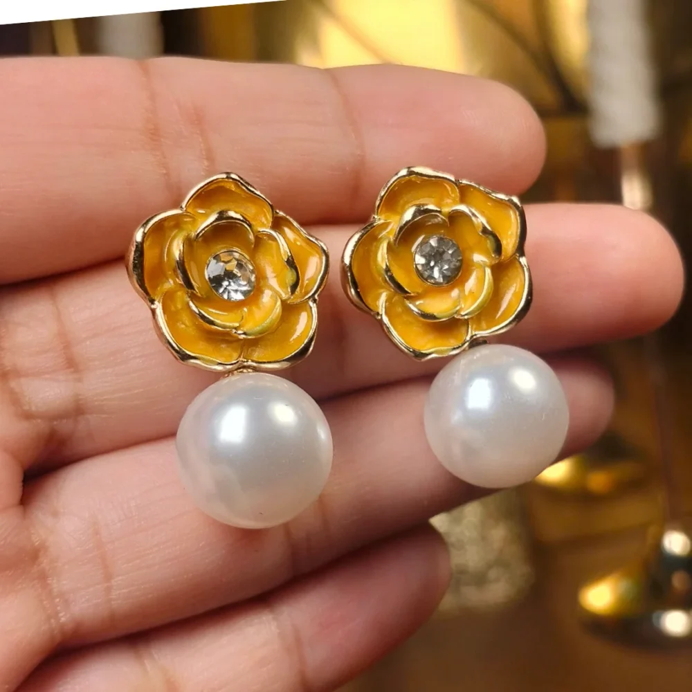 Yellow Pearl Drop Earrings Tops
