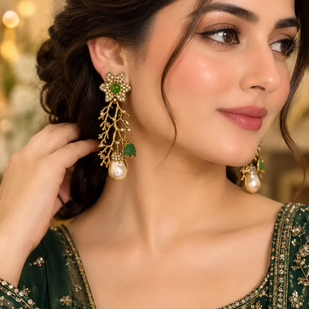 Green Turkish Floral Branch Earrings