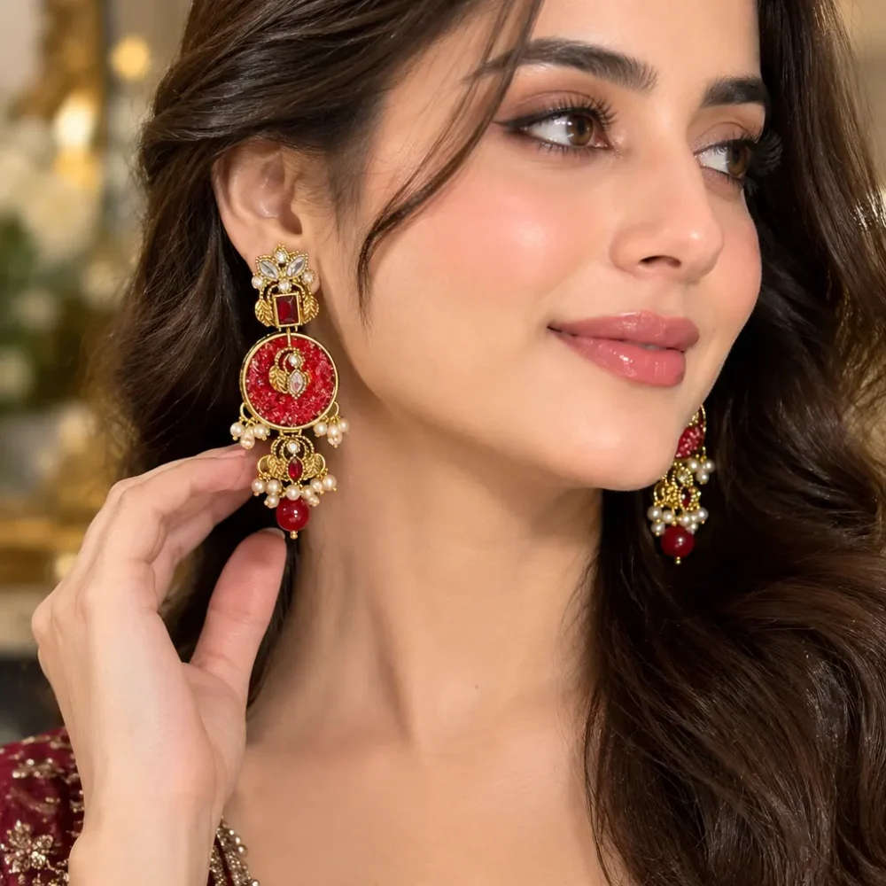 Red and golden Turkish-style earrings with pearl drops