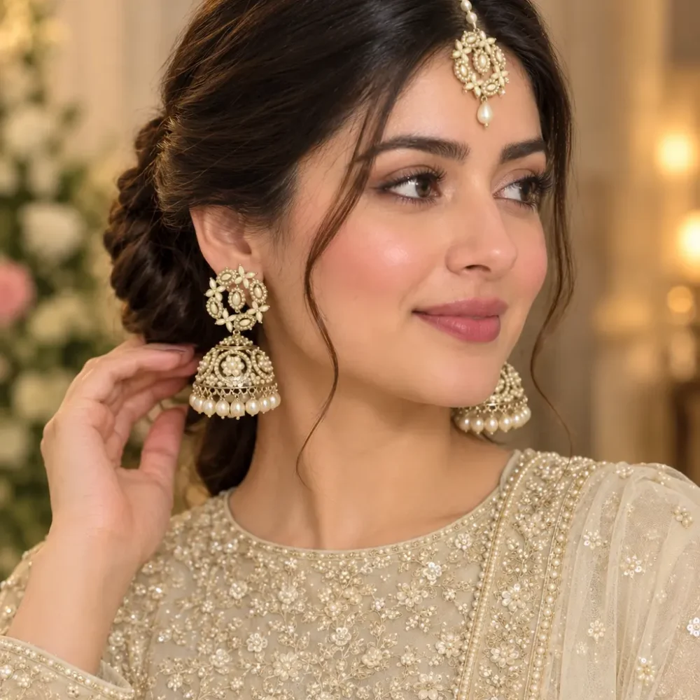 Ivory Pearl Gold Jhumka Earrings